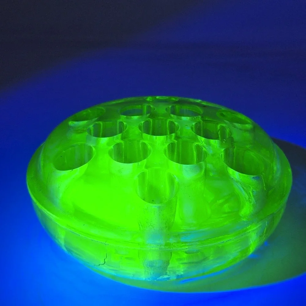 VTG Green Depression Flower Frog Glows Uranium Vaseline Glass 13 Hole 4.5